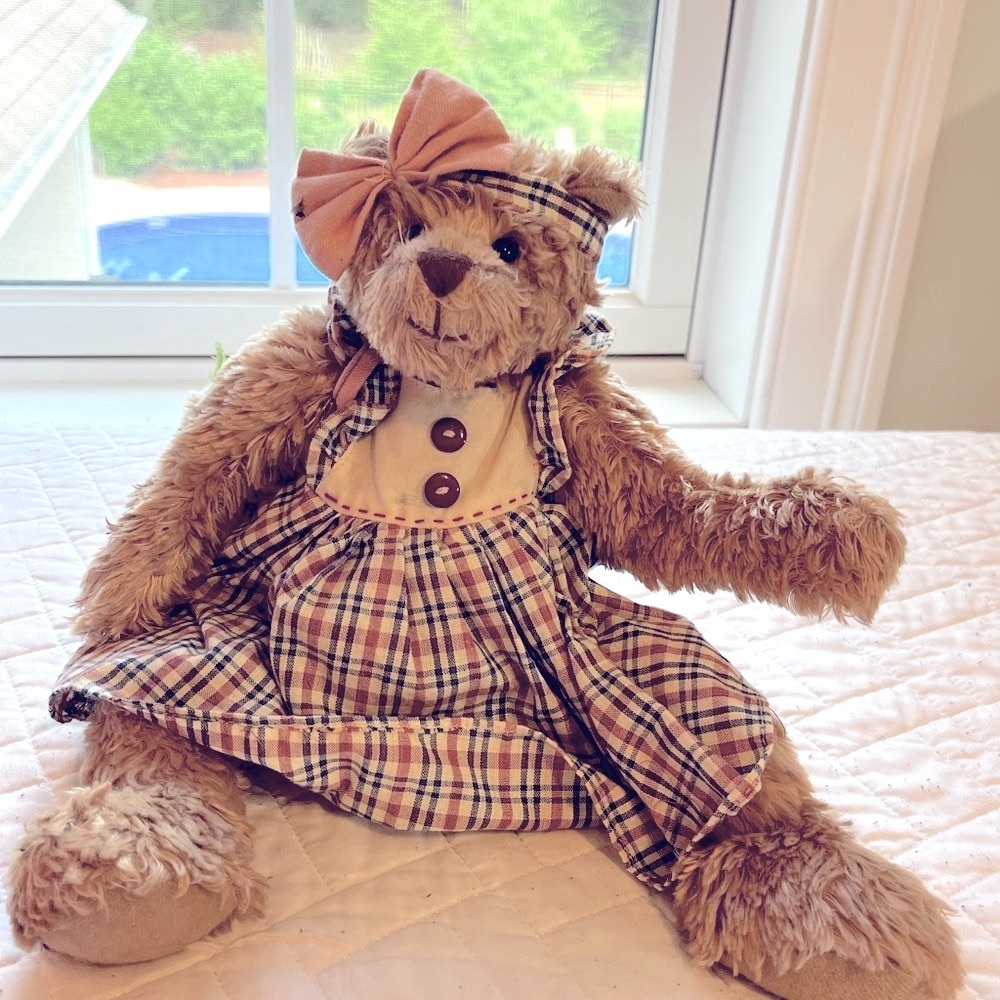 Vintage Delton Products collectible plush bear with pink bow & plaid dress